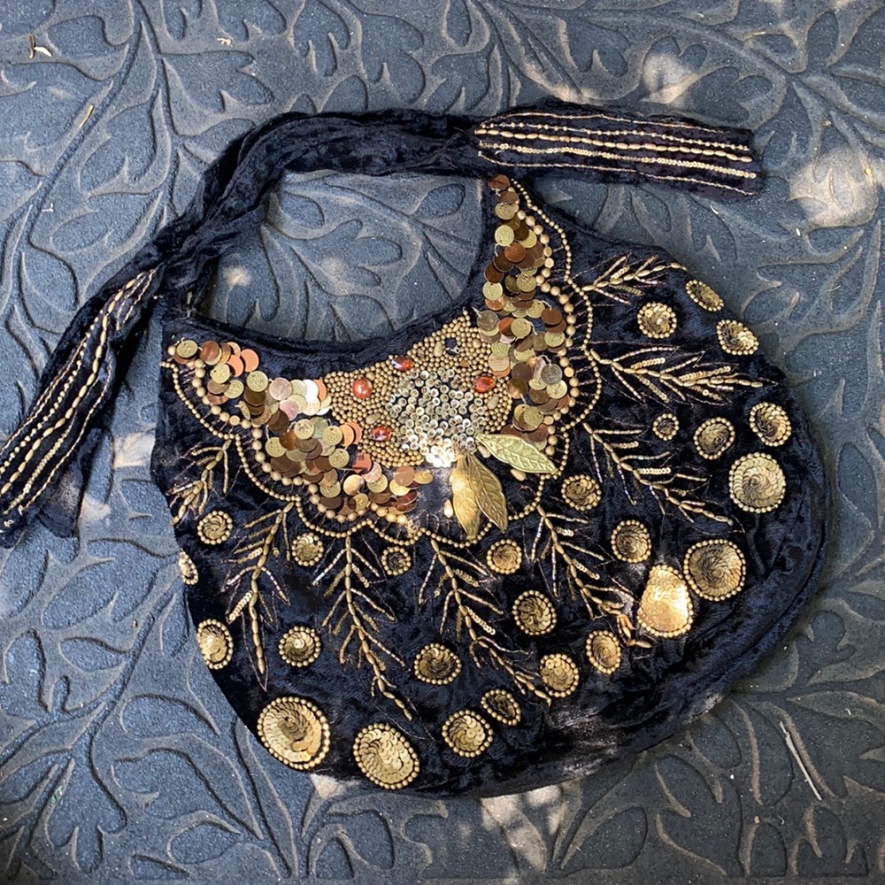 Vintage Crushed Velvet Embellished Bead Sequin Handbag Shoulder Purse Pocketbook - Picture 1 of 7
